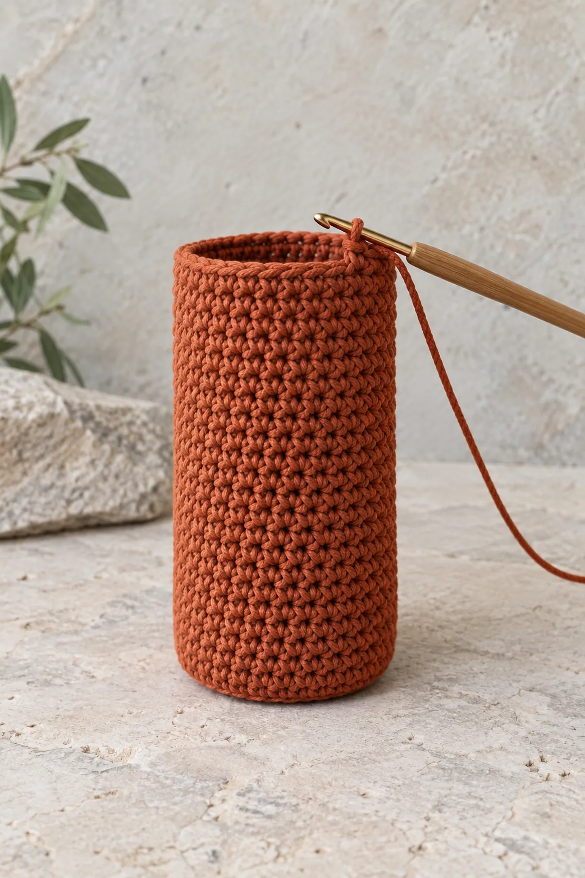 Rust round-bottom dense linked-double-crochet cylinder halfway up, open top with hook at working edge, no bottle or hardware or strap attached yet