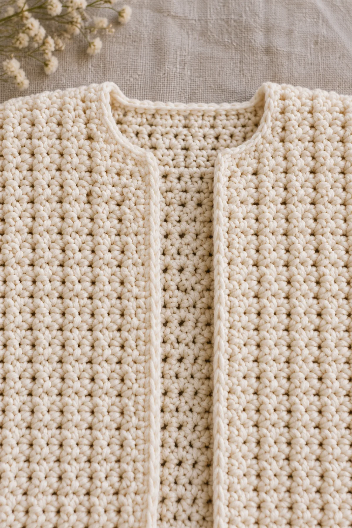 Macro of dense ivory linked double crochet horizontal bars and a neat shallow back-neck corner with smooth sc edging