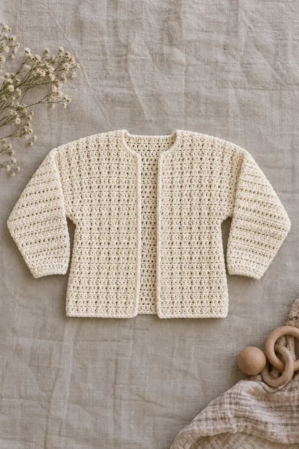 Ivory opaque linked-stitch baby cardigan with roomy shallow dolman underarms, integrated long tapered sleeves, open center front and small collarless neck, flat on linen