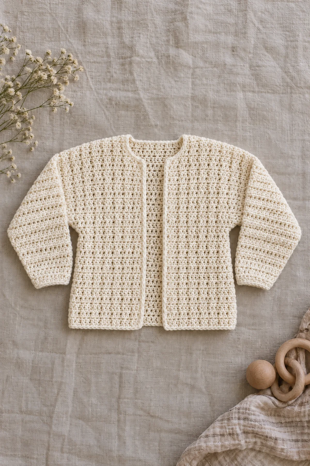Ivory opaque linked-stitch baby cardigan with roomy shallow dolman underarms, integrated long tapered sleeves, open center front and small collarless neck, flat on linen