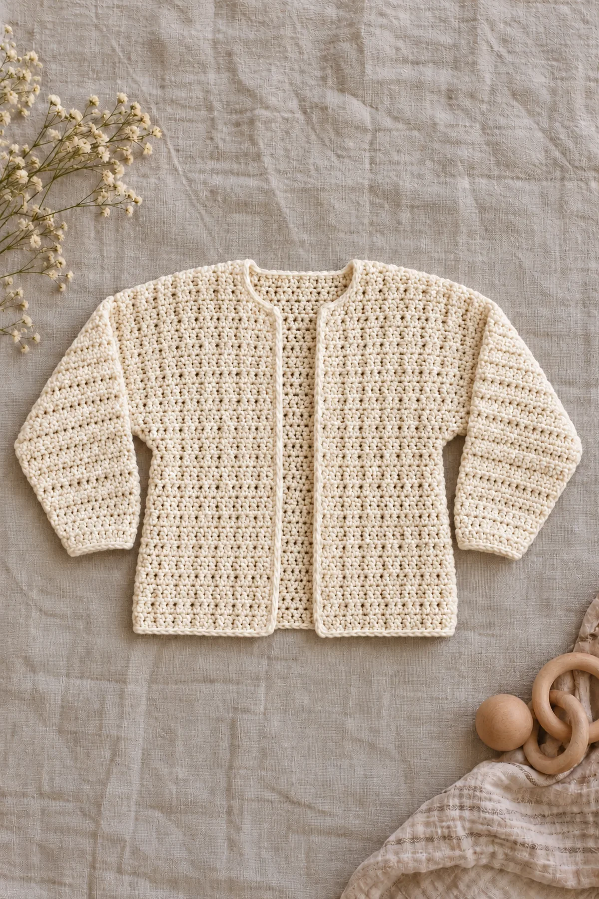 Finished ivory open-front linked-stitch batwing baby cardigan styled flat with long tapered sleeves and shallow underarms, no child