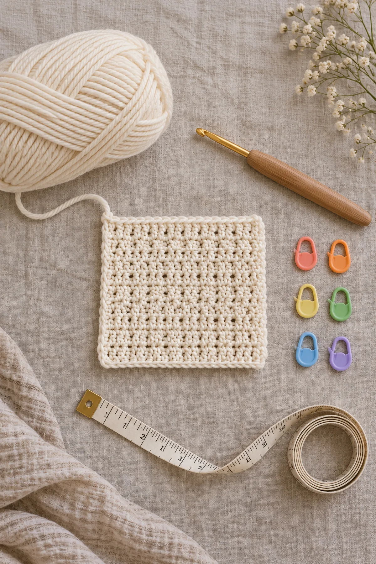 Ivory DK yarn, hook, small dense linked-double-crochet swatch, six marker colors and measuring tape