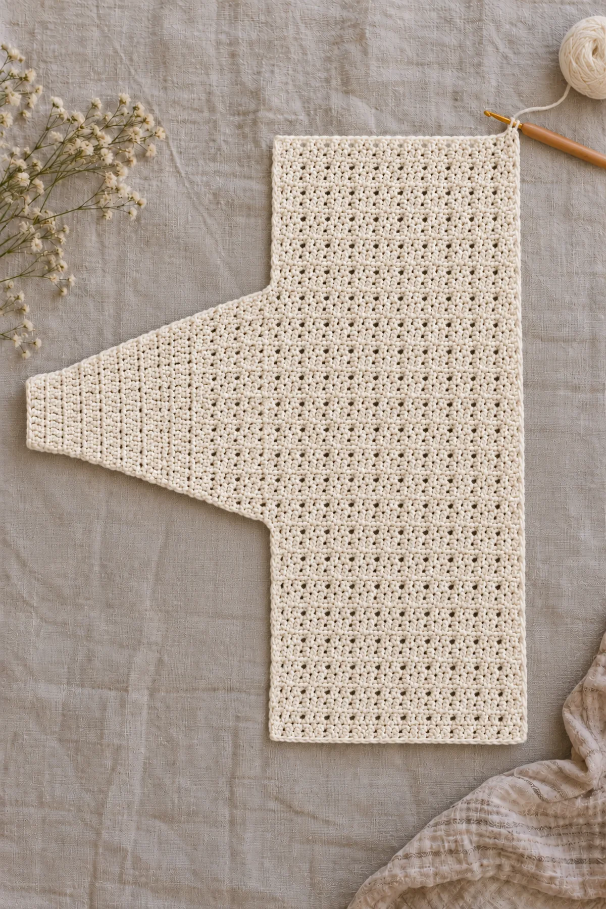 Unfolded ivory linked-crochet first tapered sleeve growing into a wide front-and-back body strip before center-front split