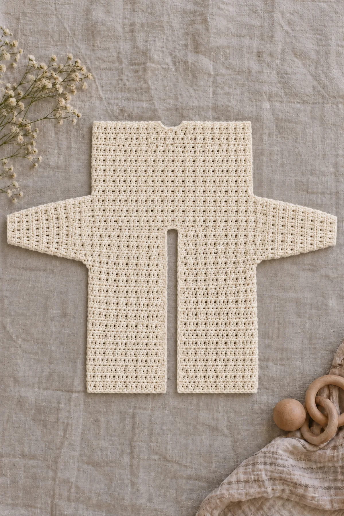 One unfolded ivory linked-crochet piece with two integrated tapered sleeves and separate center-front edges at shallow back-neck notch, before side seams