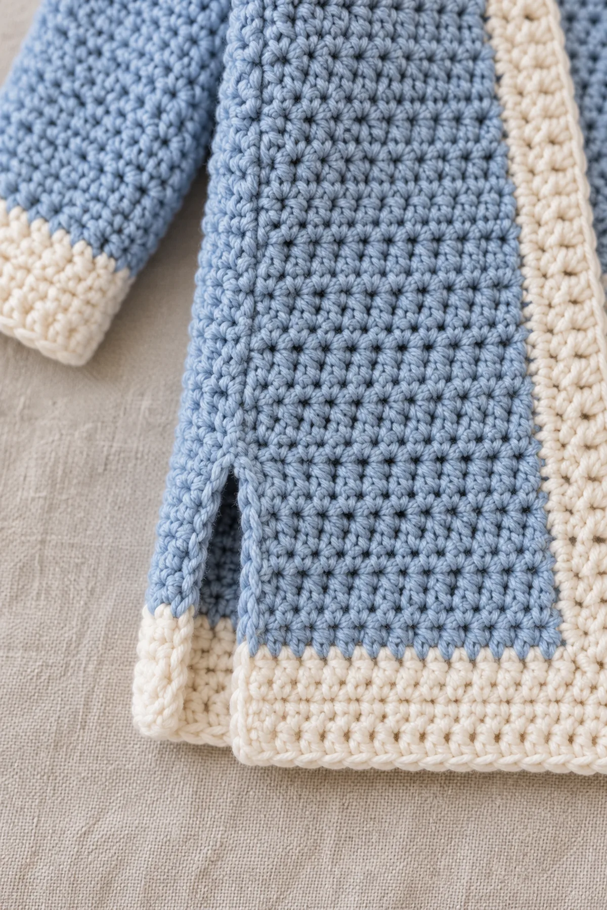 Macro view of lower blue cardigan side seam stopping above the ecru hem, clearly showing one small open side slit and strong reinforcement at its top; ecru edge remains flat, no pocket.