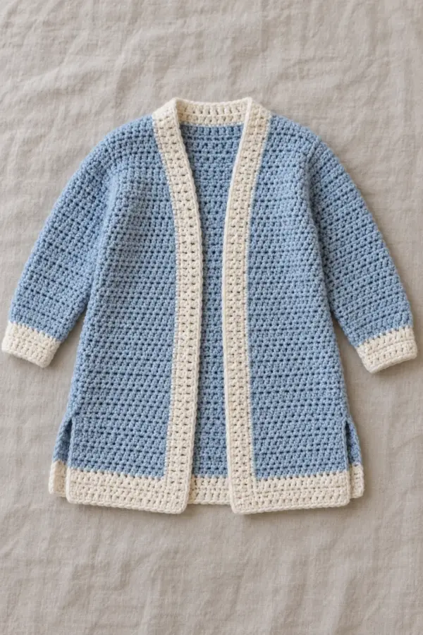 Finished long open baby cardigan in soft harbor blue with pale ecru hem and broad ecru front/neck border, two shallow visibly open side slits below the side seams, tapered long sleeves with pale ecru cuffs. No pockets, buttons, hood or ties; whole child-size garment flat on linen.