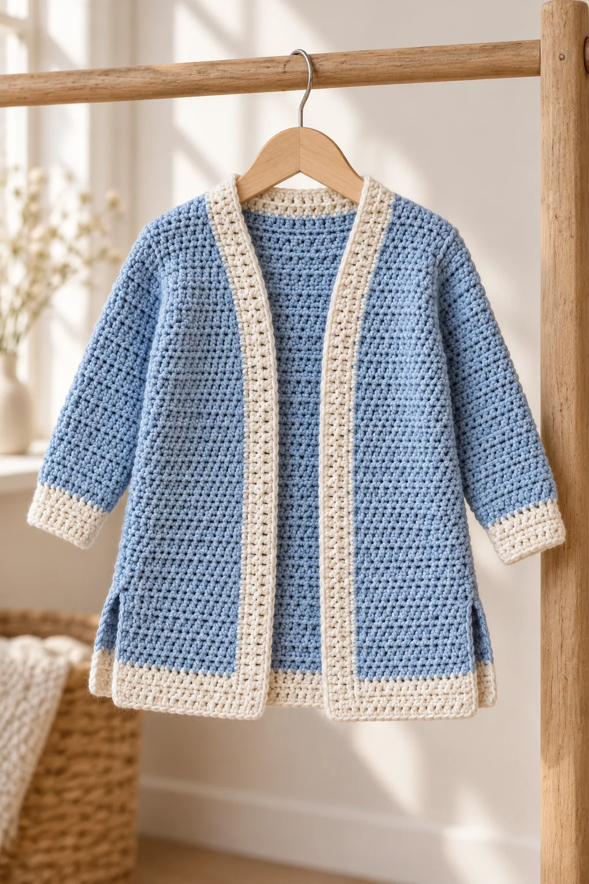 Finished long open blue baby cardigan with ecru hem and border, two shallow side slits and fitted sleeves on a child-size wooden hanger in natural light; no child, pockets, buttons or ties.