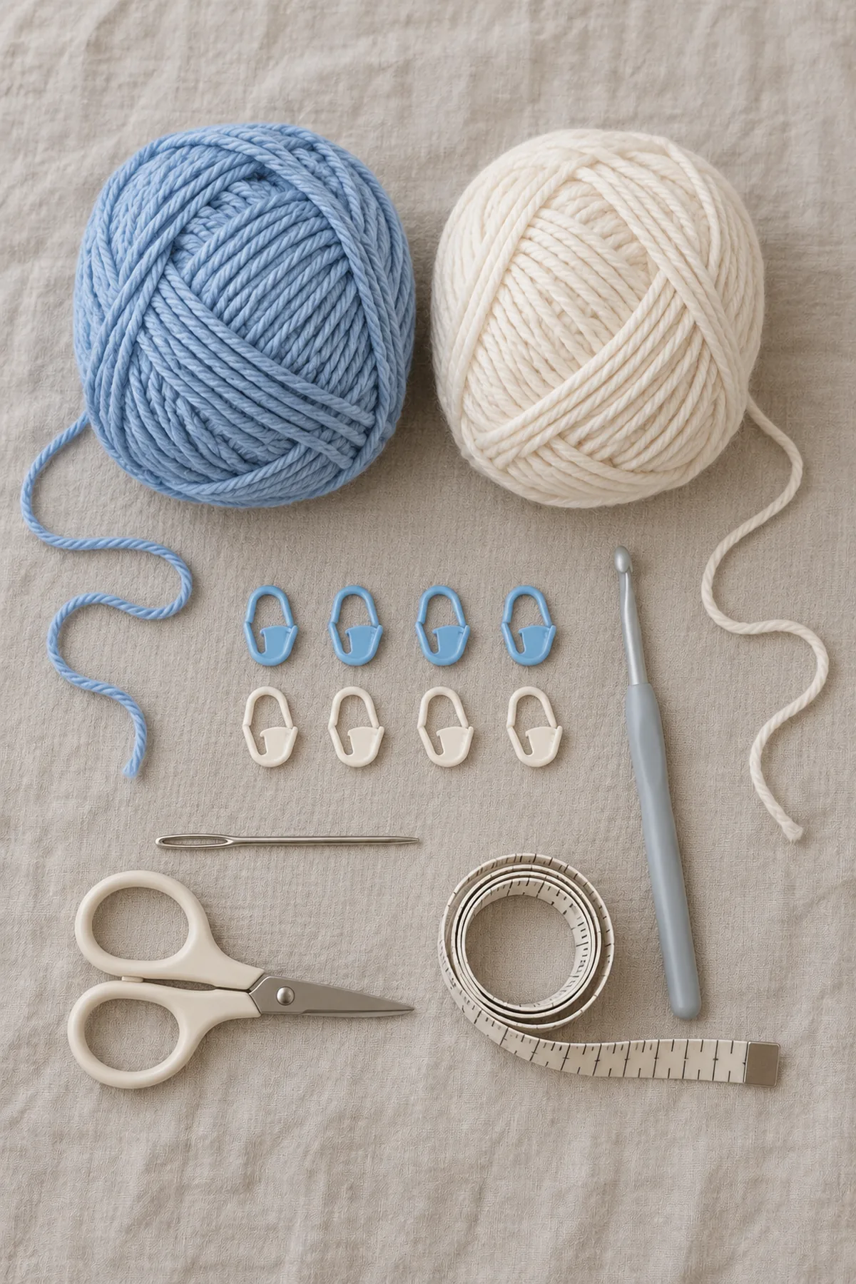 Blue and ecru washable DK yarn balls, 4 mm hook, eight markers, yarn needle, scissors and measuring tape arranged on linen; no finished garment.