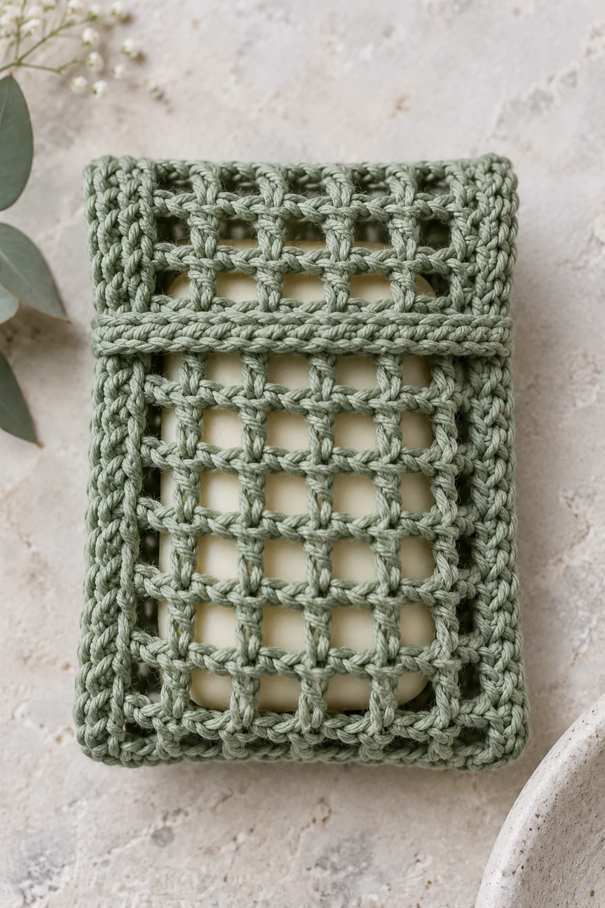 Close macro of sage cotton soap-saver mesh flap tucked behind a thin horizontal two-row single-crochet keeper strip, strip sewn only at ends into solid side seams, ivory bar visible through regular open mesh, no button or cord
