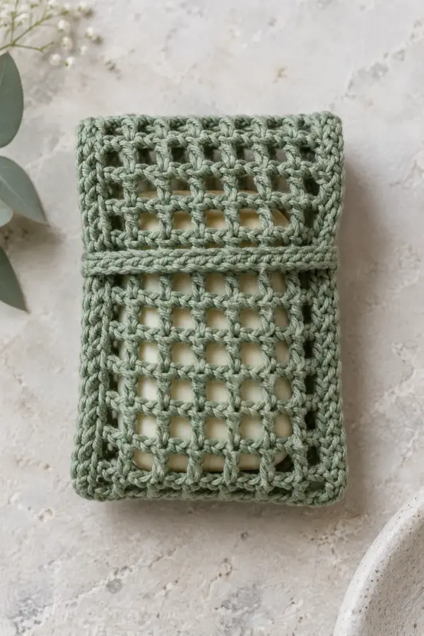 Original sage DK cotton open mesh soap saver pocket, small rectangular pouch about three and a half inches wide by four inches high, grid of double-crochet columns and chain-one holes, five-row mesh foldover flap tucked behind a thin horizontal solid crochet keeper band across front, narrow solid side seams, ivory soap visible through mesh, no drawstring, no hanging loop, on clean pale stone