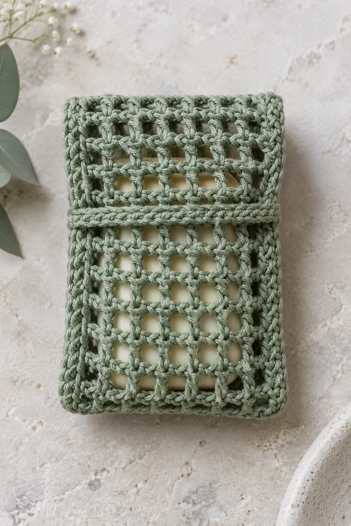 Original sage DK cotton open mesh soap saver pocket, small rectangular pouch about three and a half inches wide by four inches high, grid of double-crochet columns and chain-one holes, five-row mesh foldover flap tucked behind a thin horizontal solid crochet keeper band across front, narrow solid side seams, ivory soap visible through mesh, no drawstring, no hanging loop, on clean pale stone