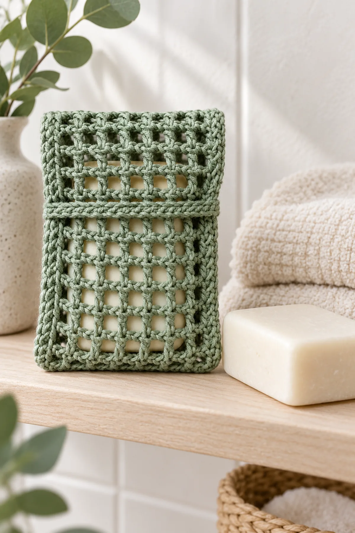 Finished sage mesh soap pocket with foldover flap and horizontal keeper strip beside a dry ivory soap bar and folded cream towel on an airy bathroom shelf, calm daylight, no drawstring or dangling loop