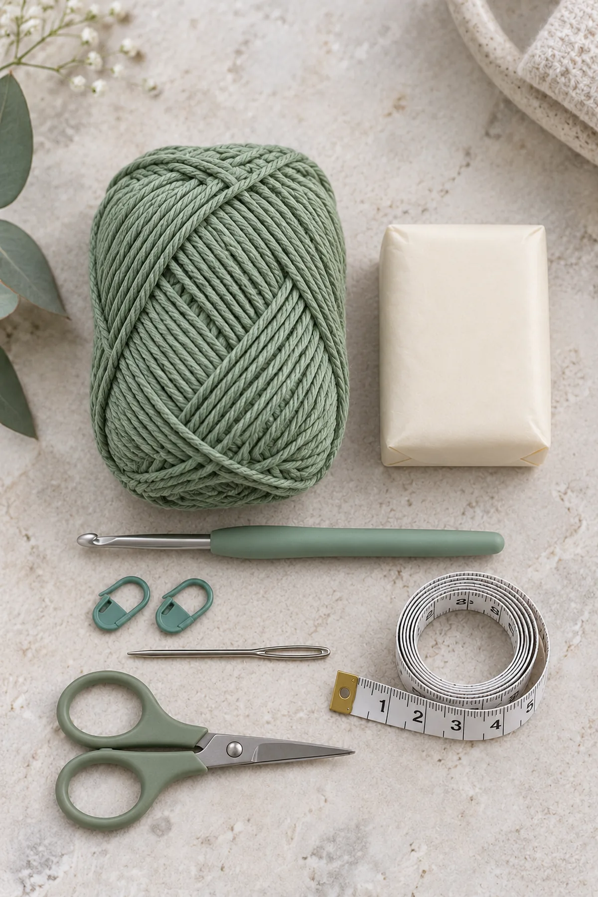 Sage DK cotton yarn, 3.5 mm crochet hook, two locking markers, blunt needle, scissors, measuring tape and one plain ivory wrapped soap bar on a pale bathroom work surface, no oils or soap-making chemicals