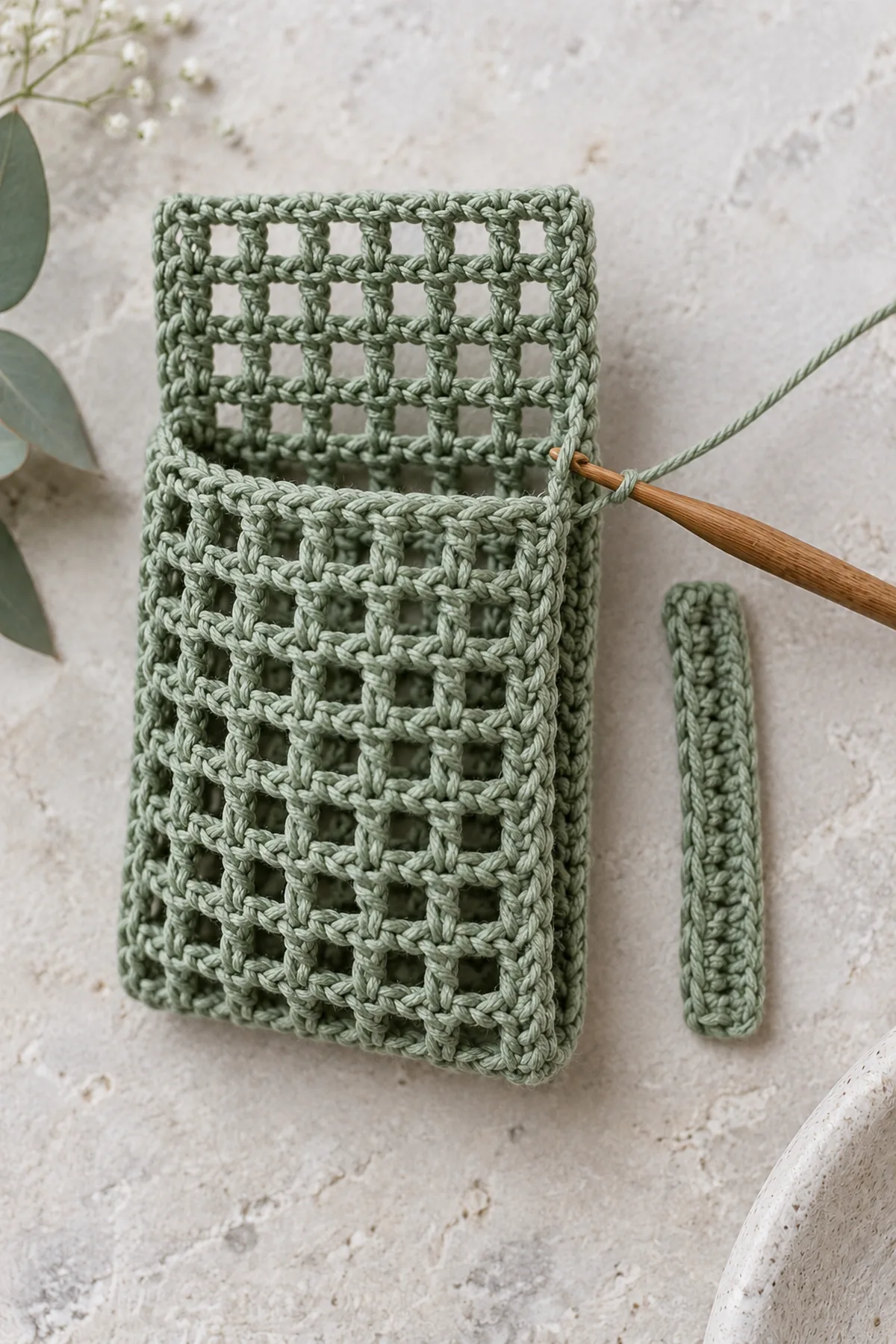 Sage mesh soap pocket folded into equal front and back with five-row flap extending above back, one narrow side seam being joined with hook, a separate thin two-row solid crochet keeper strip beside it, mouth open and no cord