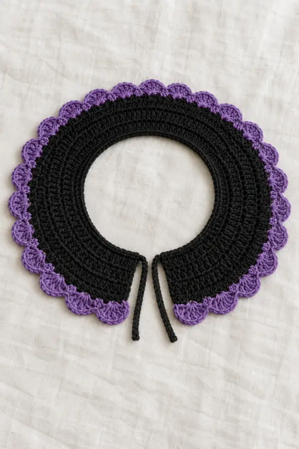 Original adult open-front crochet collar laid flat in a shallow C-shaped crescent on ivory linen. Narrow black neckline, four expanded rows of black half-double crochet, single violet border of many small five-dc fan scallops, two short narrow flat black ties at neckline ends. No brooch, buttons, beads, web mesh, long scarf or person