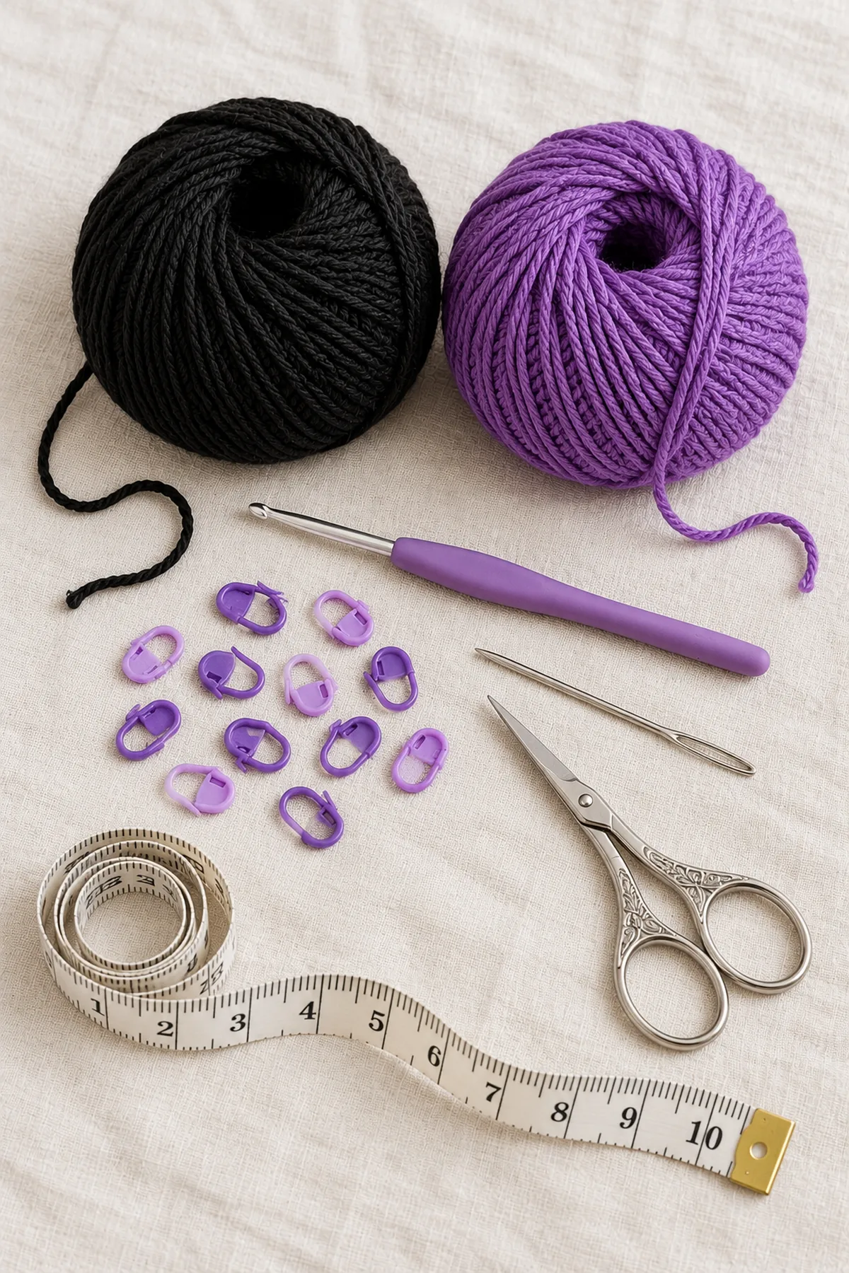 Soft black and violet DK cotton balls, 3.5 mm crochet hook, twelve removable markers, yarn needle, scissors and flexible tape on ivory table; no finished collar