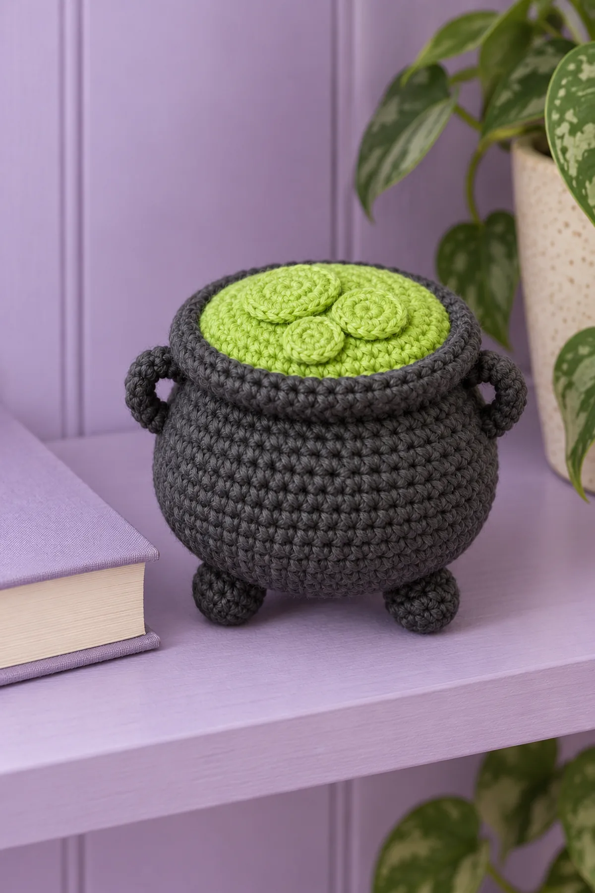 Same closed charcoal mini crochet cauldron with three integral rounded feet, lime top with three sewn flat bubble discs, rolled rim and two side arch handles on lilac display shelf beside a plain closed book, no candles, no liquid, no people