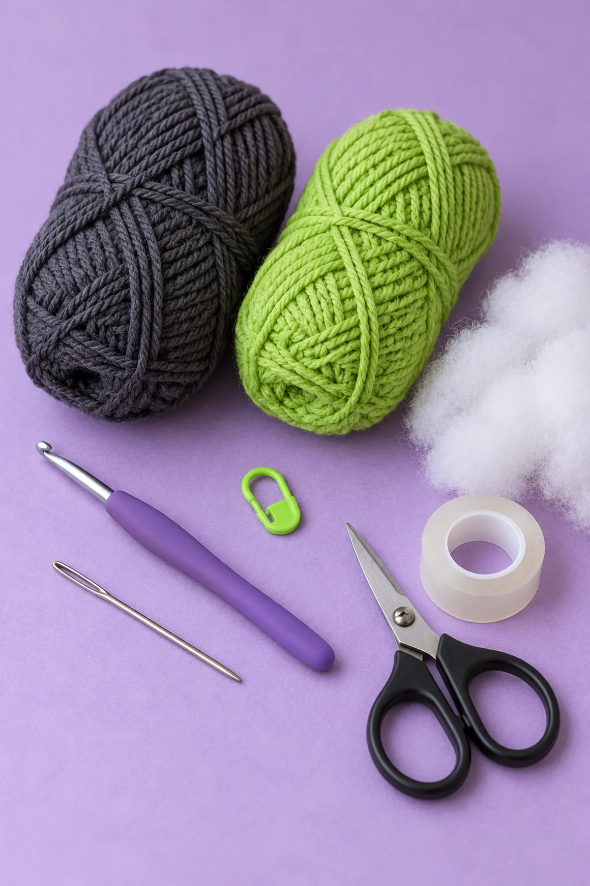 Charcoal and lime DK cotton, 3 mm hook, washable polyester stuffing tufts, yarn needle, marker, scissors and tape on lilac table; supplies only no cauldron
