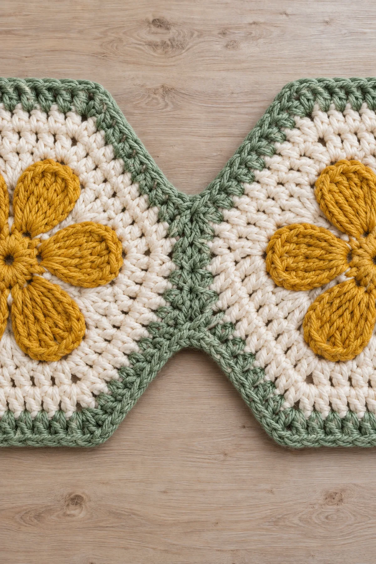 Close view of two adjacent cream daisy hexagons joined along one full twelve-stitch side with neat sage whipstitches, small inward seam-end valley and continuous sage sc border, mustard petal centers partially visible