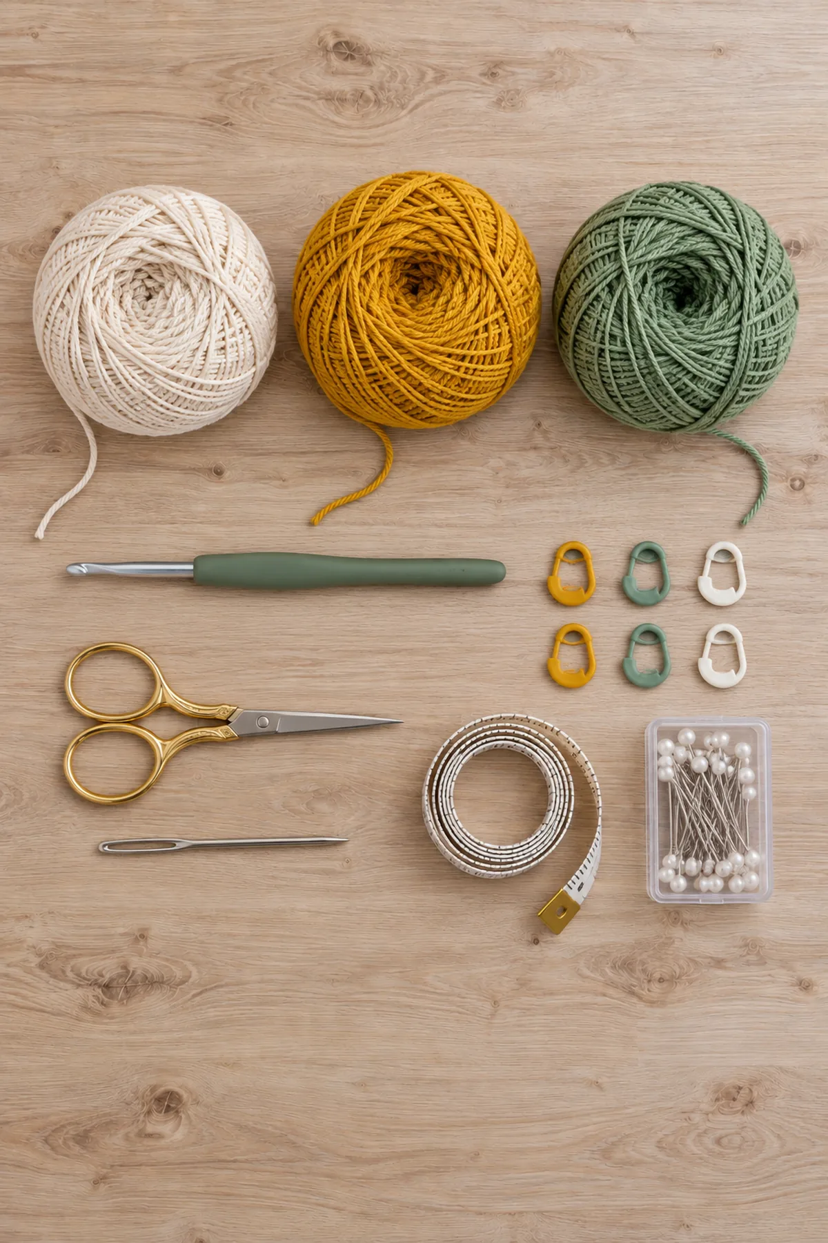 Cream,mustard and sage sport cotton,3mm hook,six markers,needle,scissors,tape and blocking pins on pale oak; supplies only no finished motifs