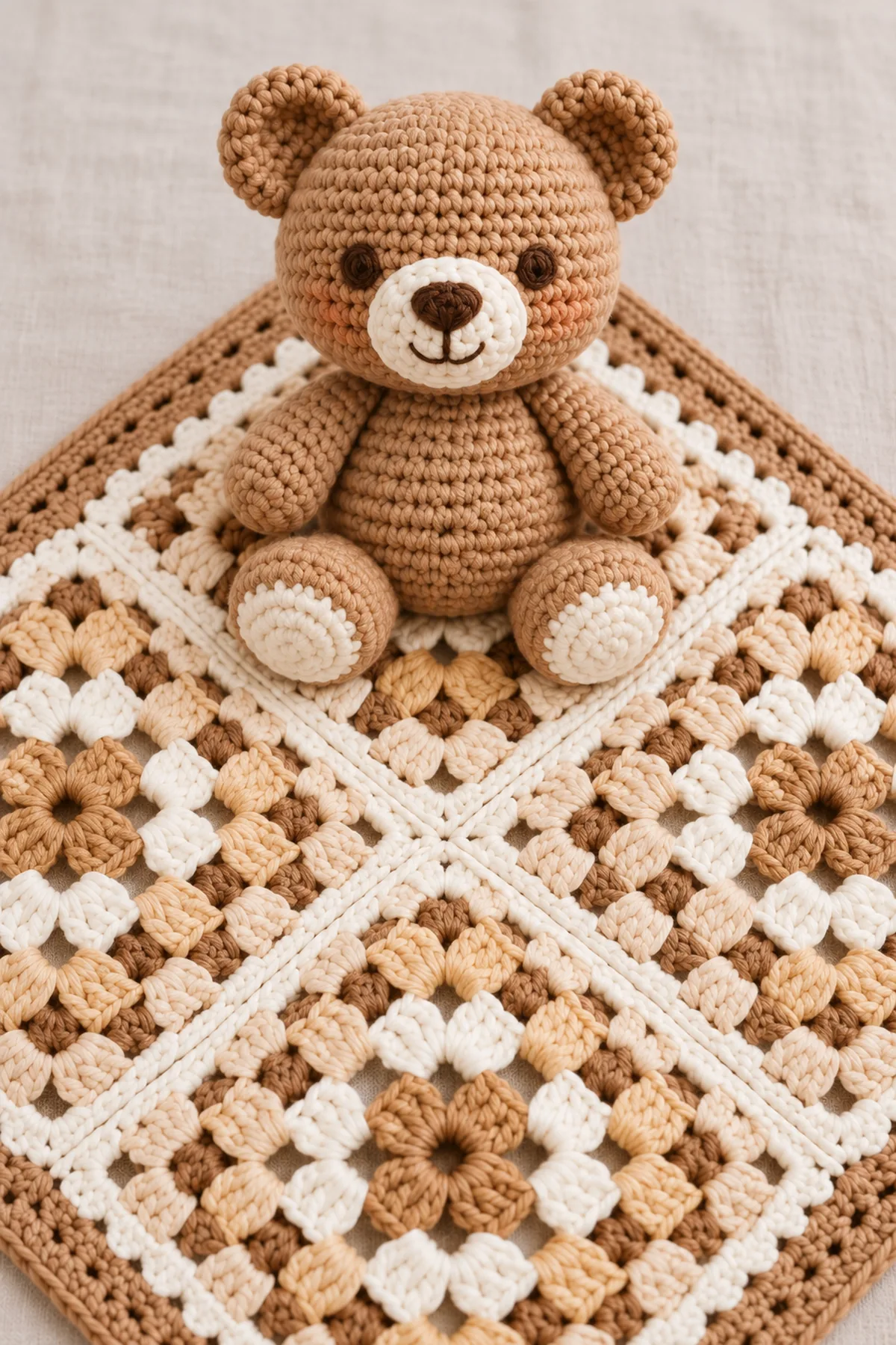 Close-up of same teddy with embroidered brown eyes, cream stuffed muzzle and broad securely sewn lower-body attachment across the four-way granny mat junction.