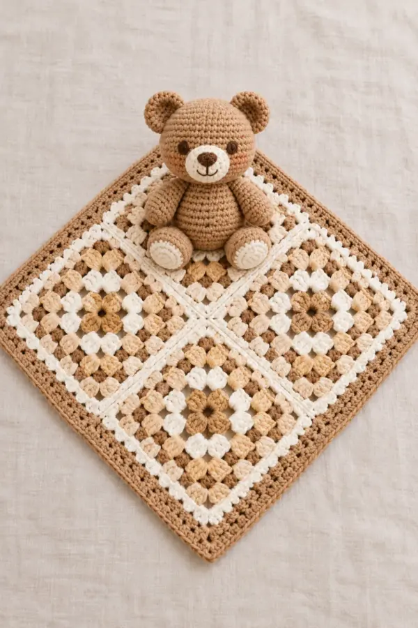 Finished caramel teddy bear with cream muzzle seated over center of a large four-panel cream-and-caramel granny play mat, all four panel seams visible; realistic handmade photograph, no text.