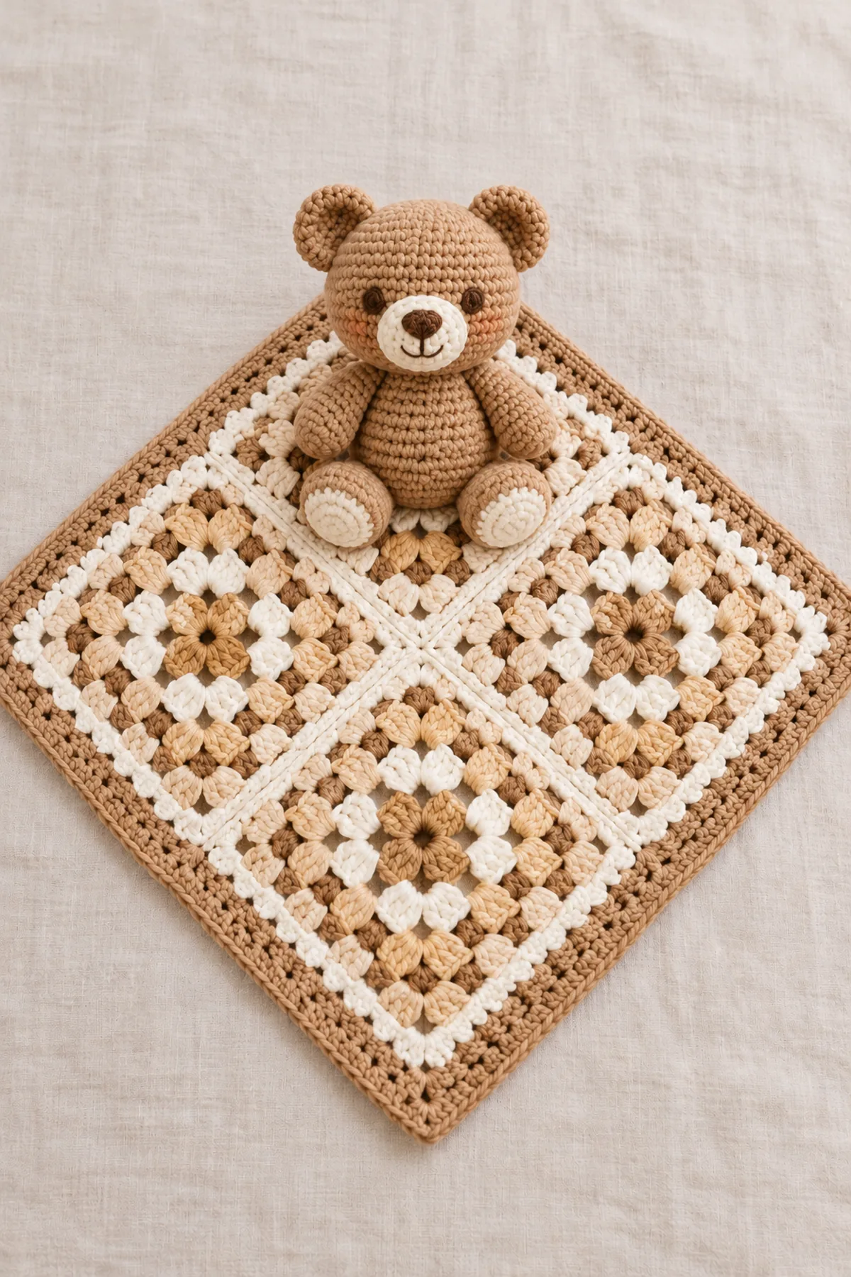 Finished caramel teddy bear with cream muzzle seated over center of a large four-panel cream-and-caramel granny play mat, all four panel seams visible; realistic handmade photograph, no text.