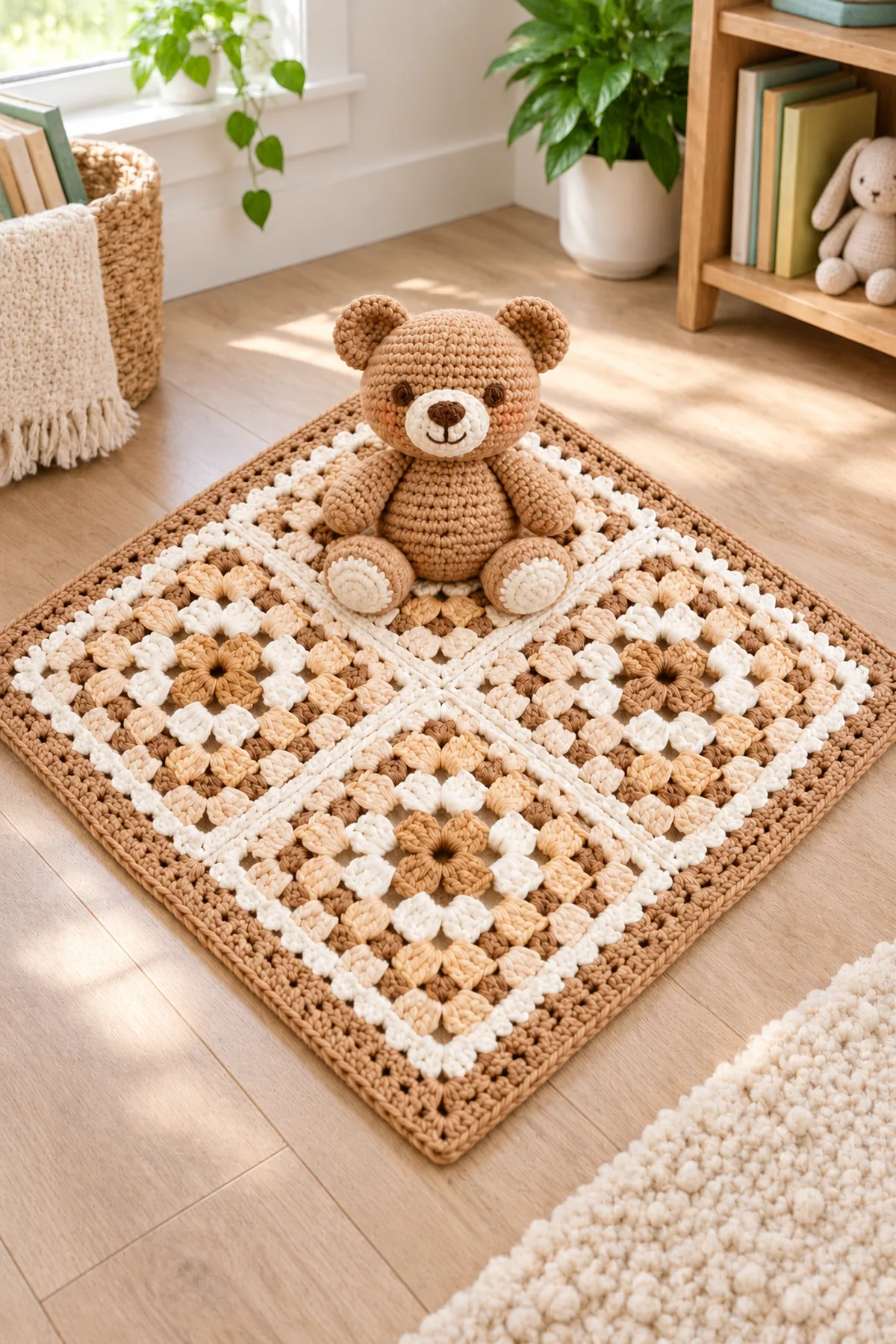 Same four-panel granny teddy play mat laid flat in a bright reading corner, teddy seated in center, no baby, no crib, no text.