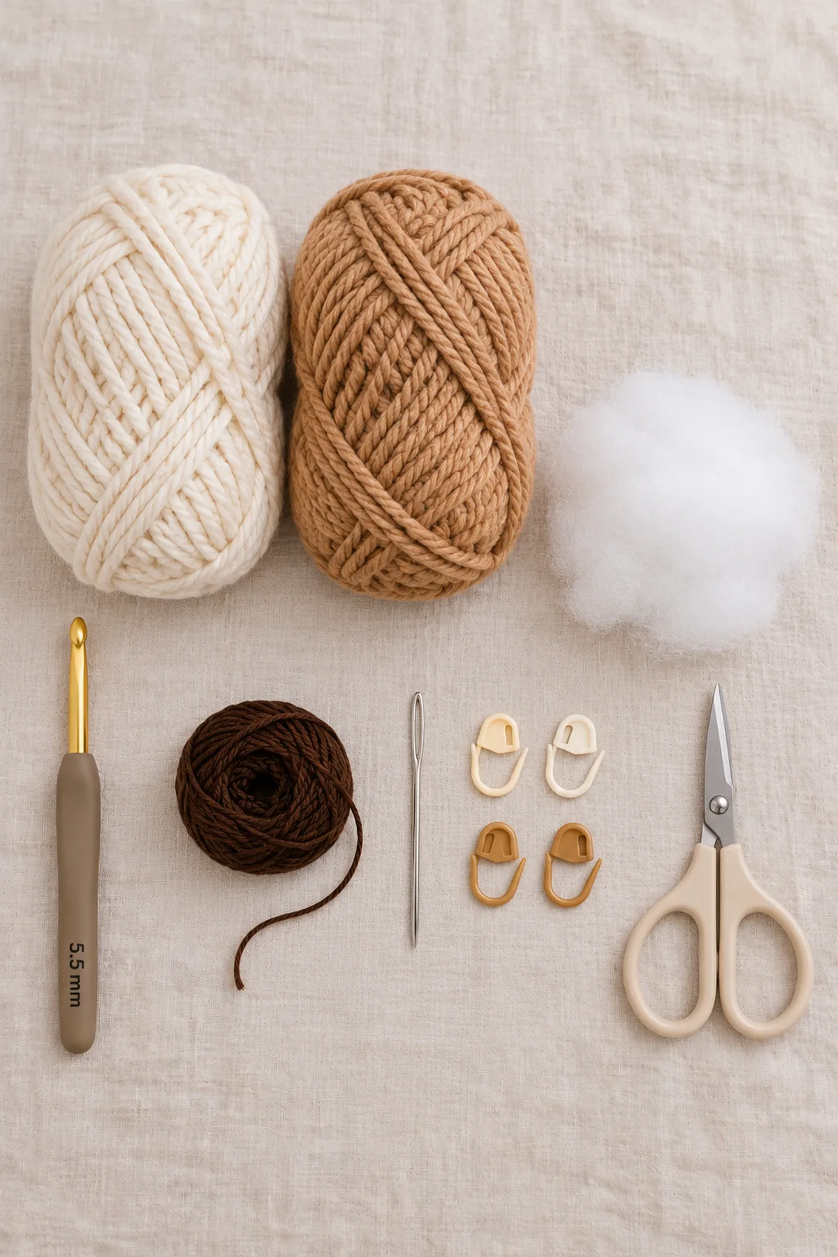 Supplies-only flat lay of cream and caramel bulky yarn, 5.5 mm hook, stuffing, embroidery thread, needle and markers; no finished teddy or mat.