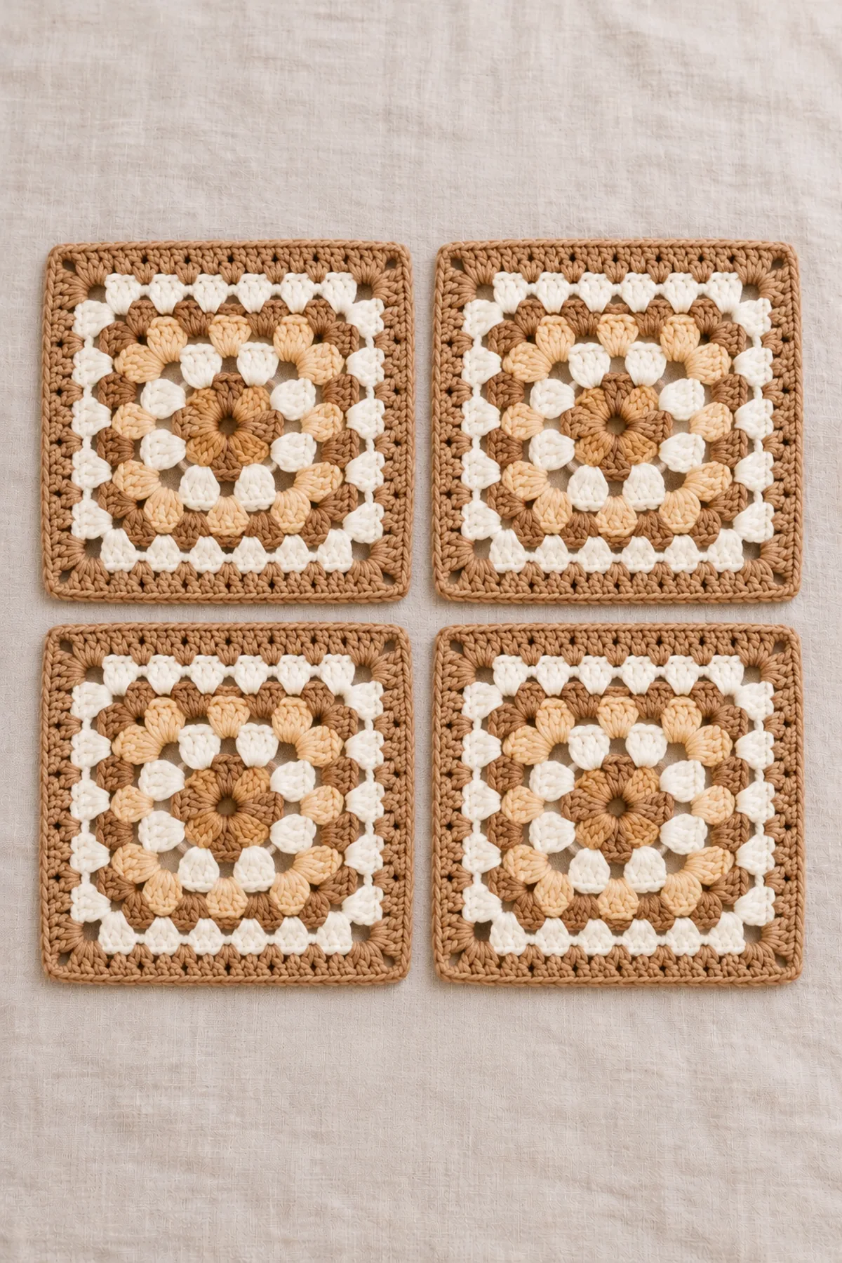 Four separate six-round cream-and-caramel granny panels with clear three-double-crochet clusters and four corners, arranged two by two before seaming; no bear attached.
