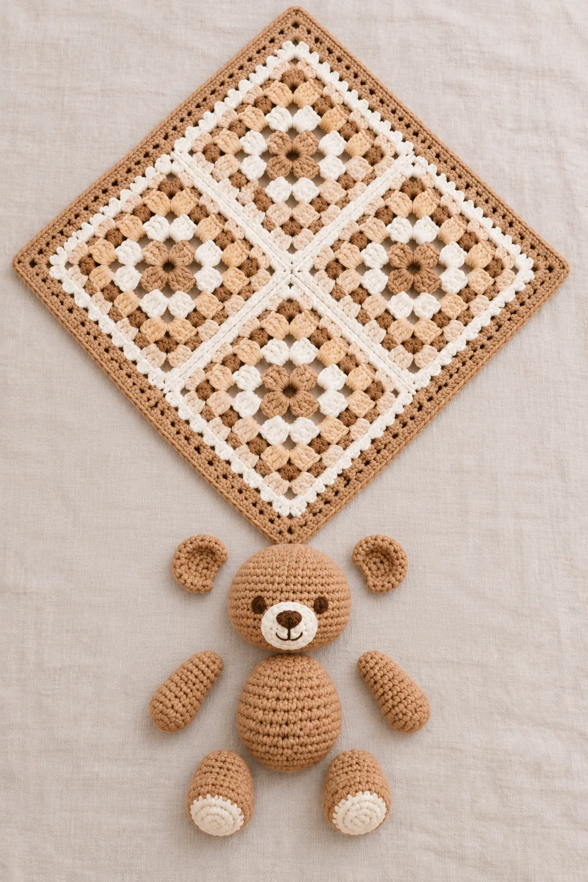 Joined four-panel granny mat beside separate caramel stuffed teddy head, body, limbs, round ears and cream muzzle in assembly order, not yet sewn to mat.