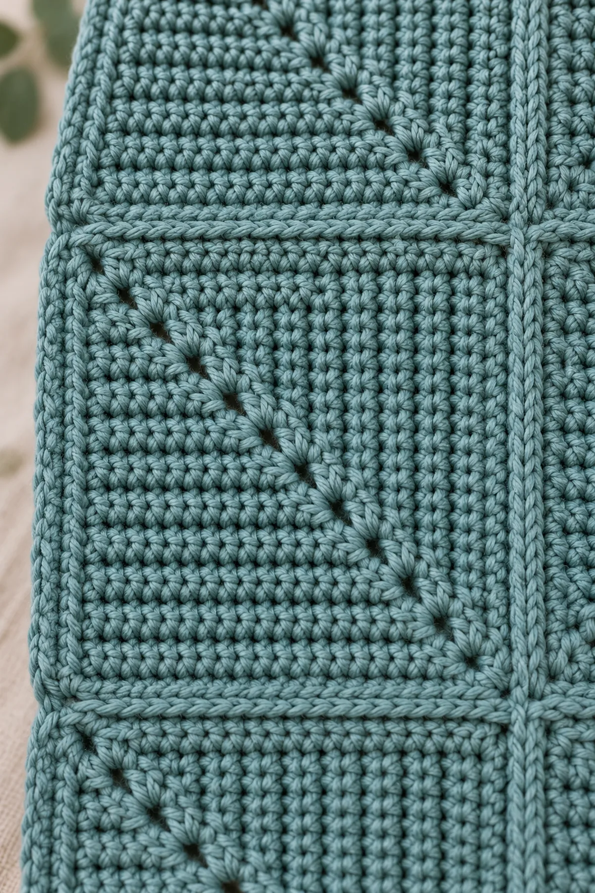 Macro of a dusty-teal solid sc mitered-square central decrease diagonal and flat fully sewn module edges, no C2C blocks or granny clusters