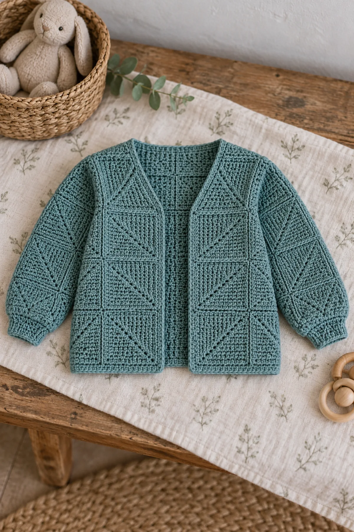 Dusty-teal solid single-crochet modular baby cardigan with small mitered-square seams and central diagonals, sloped open neckline and long tapered modular sleeves, no granny holes