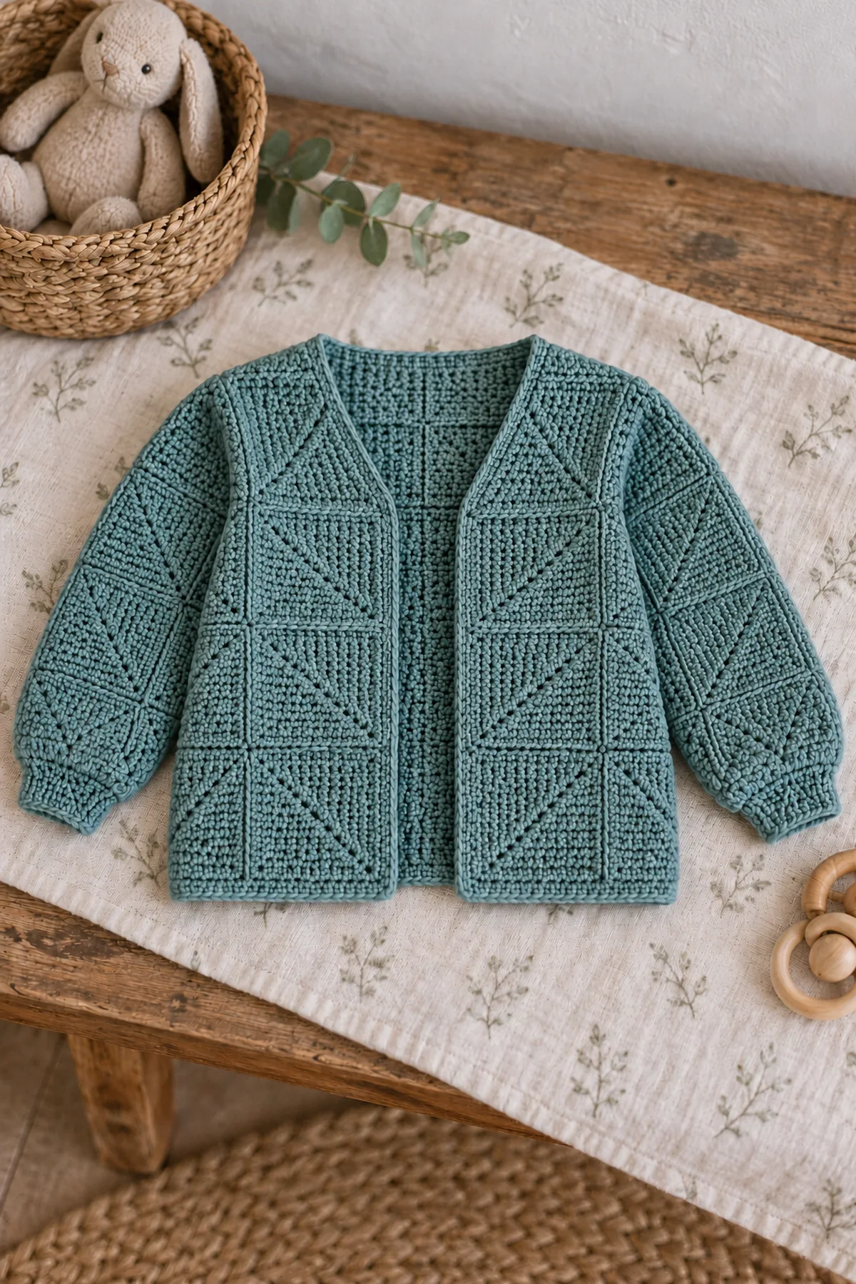 Finished single-color dusty-teal modular mitered-square baby cardigan flat on linen with open neckline, long tapered sleeves and narrow borders