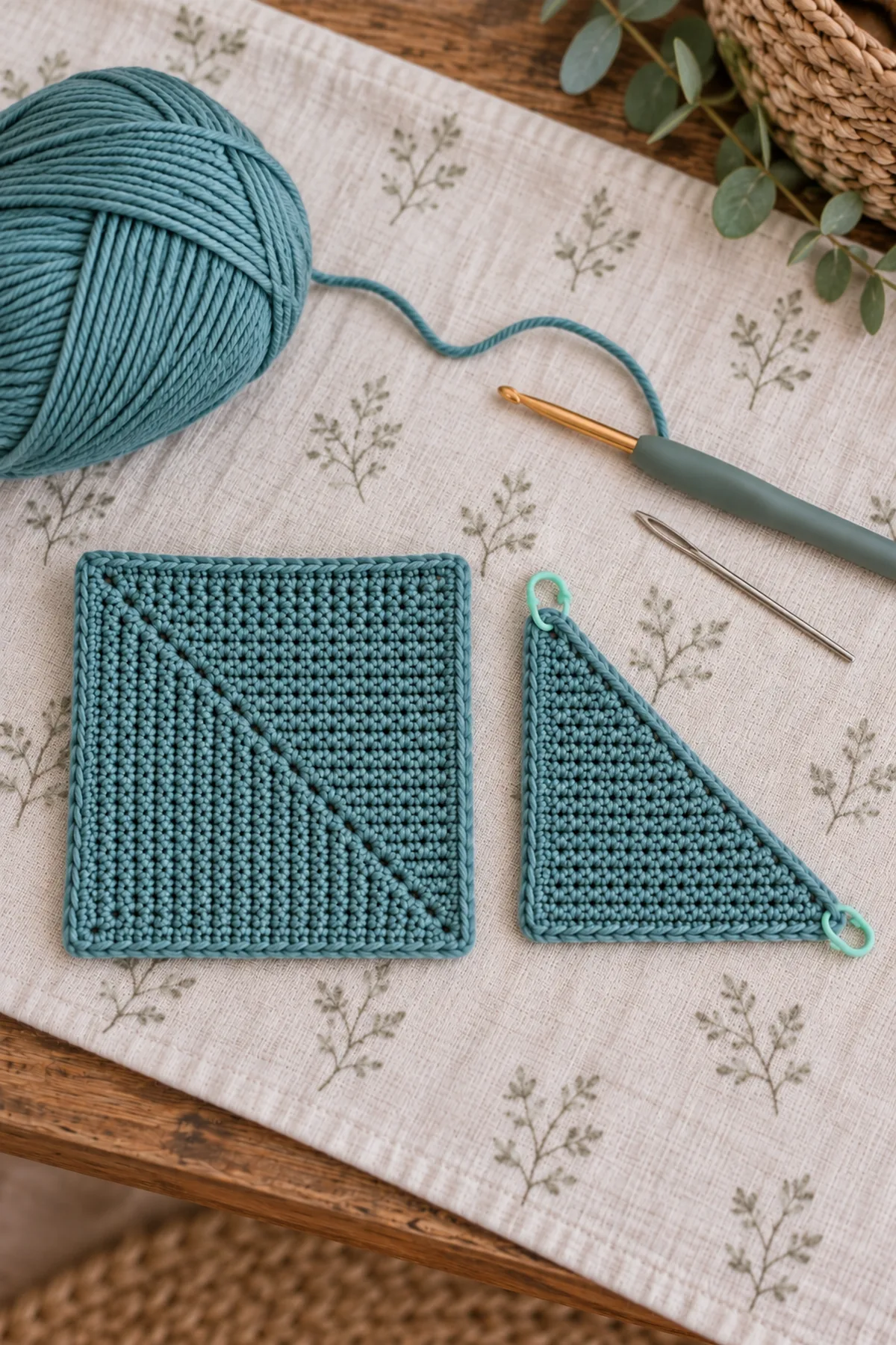 Dusty-teal fine sport yarn, crochet hook, one solid center-decreased mitered square and one right-triangle half module with markers