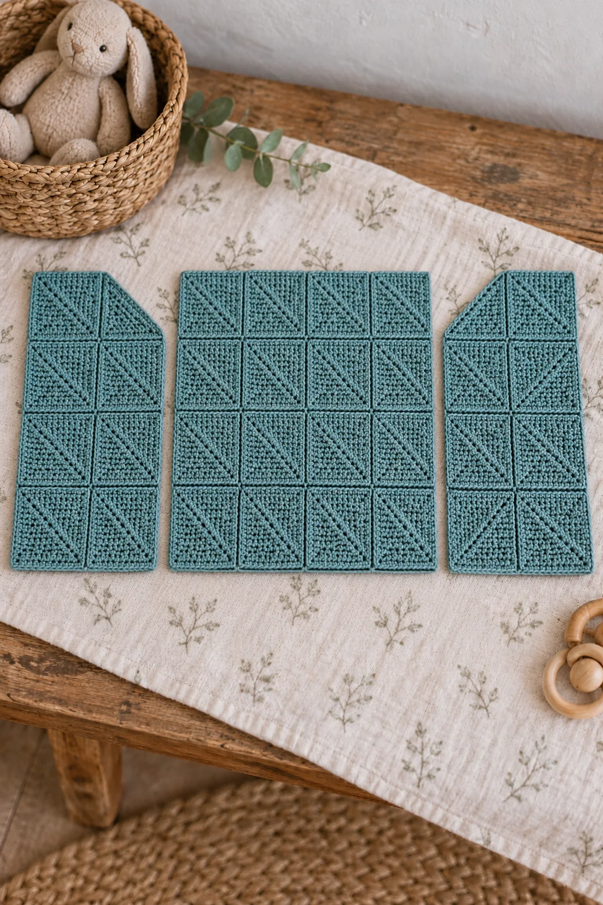 Dusty-teal four-by-four solid-square back grid beside two unjoined two-column fronts, with mirrored triangular neckline modules in their inner upper cells