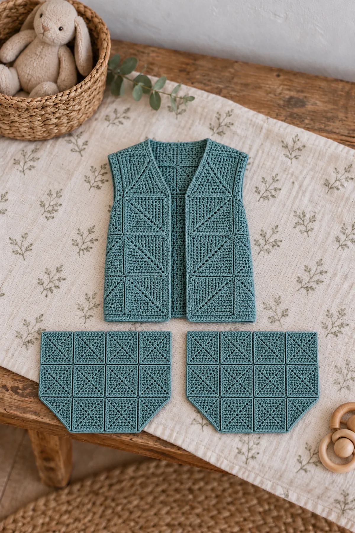 Dusty-teal modular cardigan body and two flat four-column sleeve grids, with two triangular outer wrist modules on each sleeve before closing tube seams