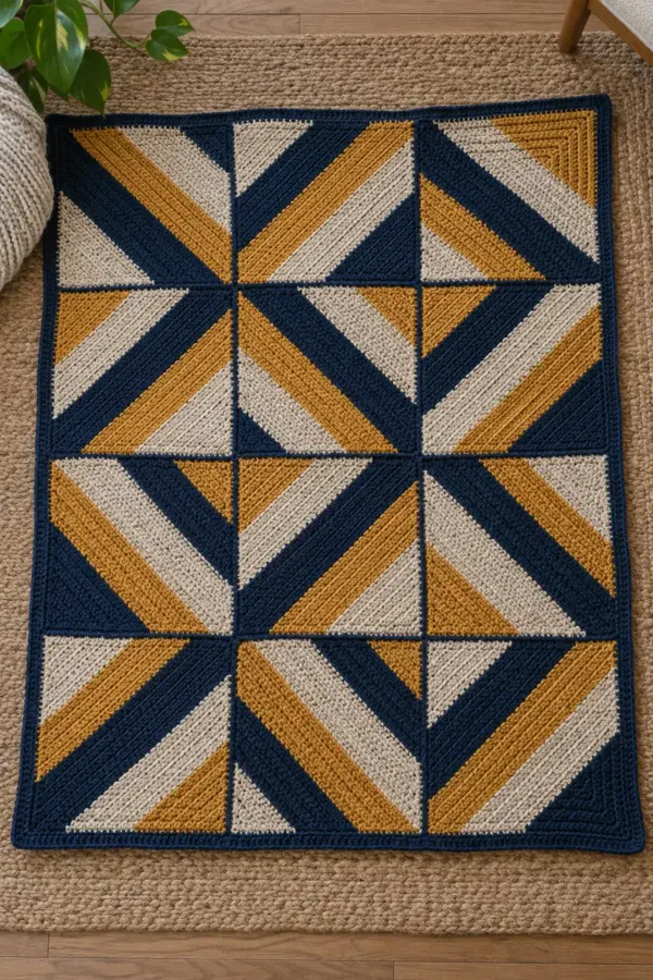 Adult-size navy oat and ochre crochet lap blanket laid flat showing twelve mitered stripe squares in a three-by-four pinwheel grid, no granny squares