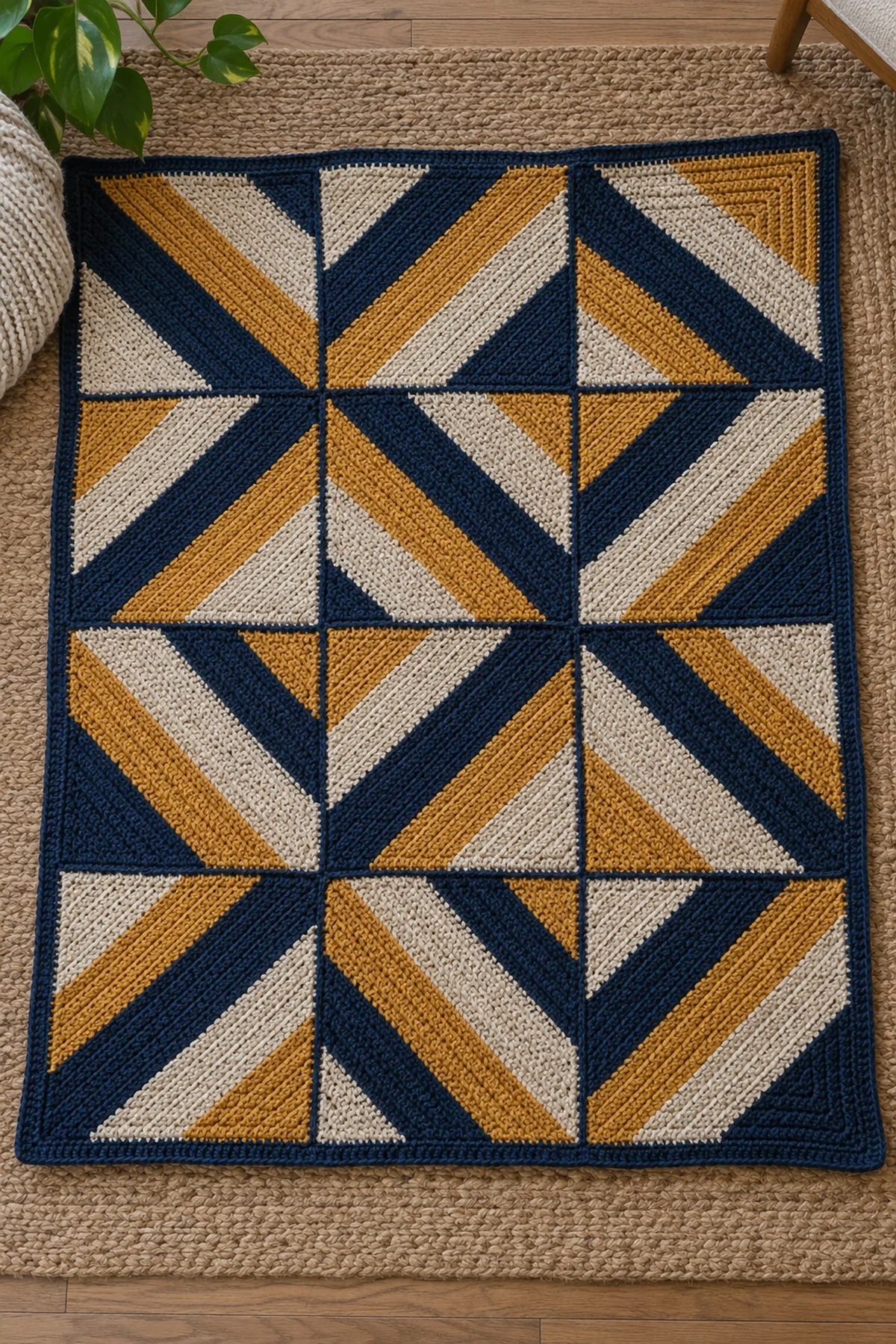 Adult-size navy oat and ochre crochet lap blanket laid flat showing twelve mitered stripe squares in a three-by-four pinwheel grid, no granny squares