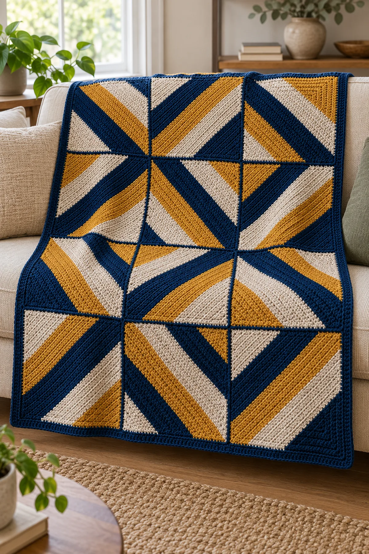 Finished adult 36 by 48 inch mitered stripe crochet lap blanket draped over a neutral sofa, clear rotated stripe directions