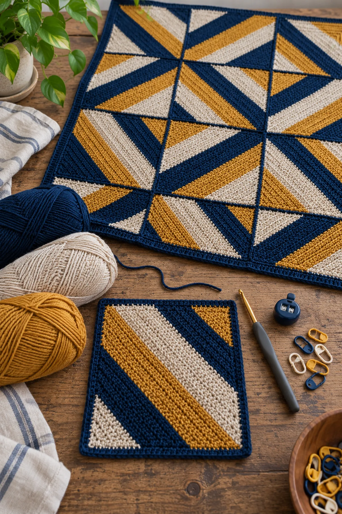 Three colors of worsted yarn, crochet hook, row counter, markers and washed mitered sample square on a worktable