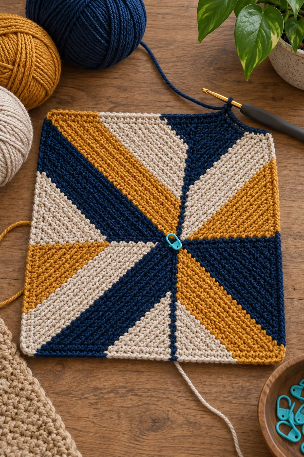 Single crochet mitered stripe square in progress with visible center decrease pivot marker and narrowing turned rows