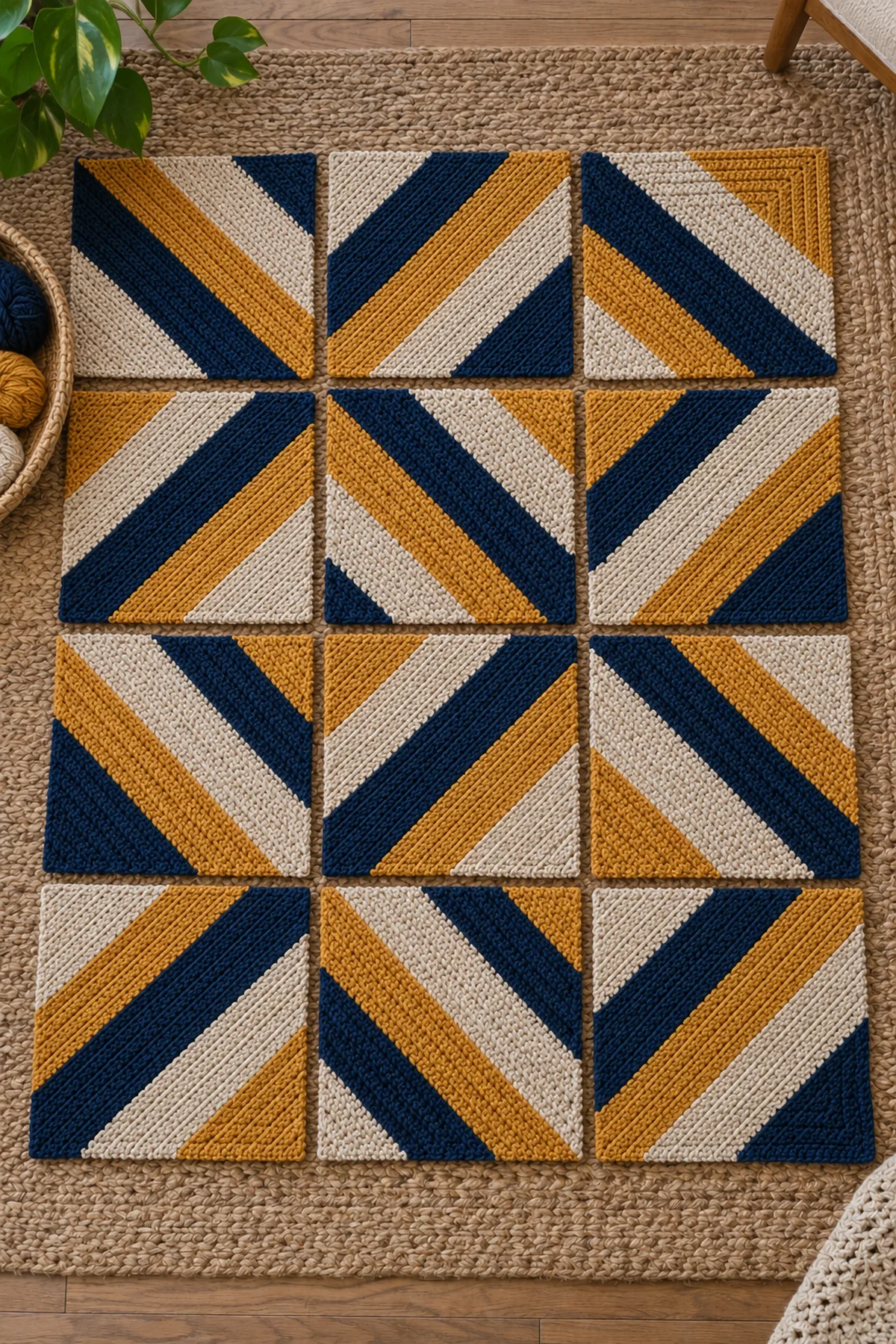 Twelve completed mitered stripe squares blocked and arranged in a three-by-four rotating pinwheel layout before joining