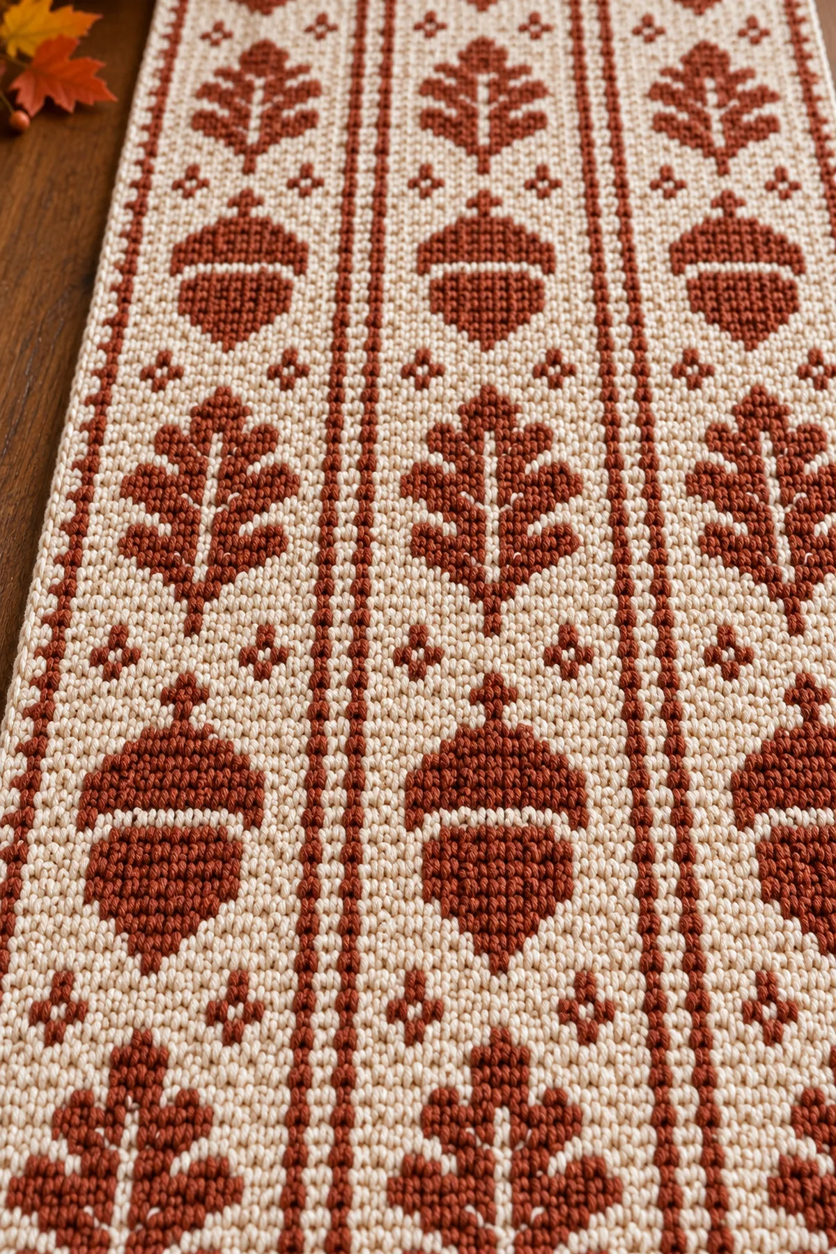 Close craft view of flat cream and rust overlay mosaic stitches showing a crisp acorn cap and leaf, with no raised applique