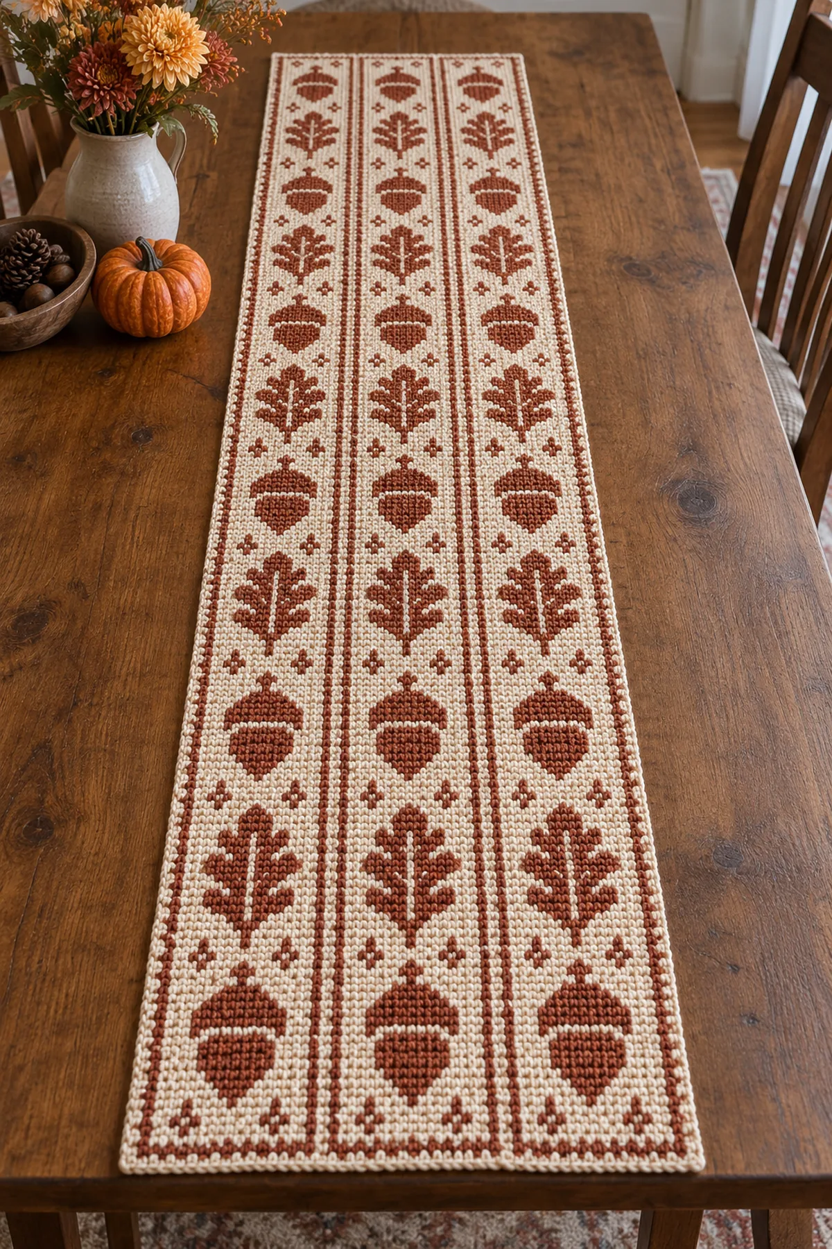 Long original cream and rust mosaic crochet table runner on a plain wooden autumn table, three narrow joined panels with repeating acorn and leaf motifs, flat fabric