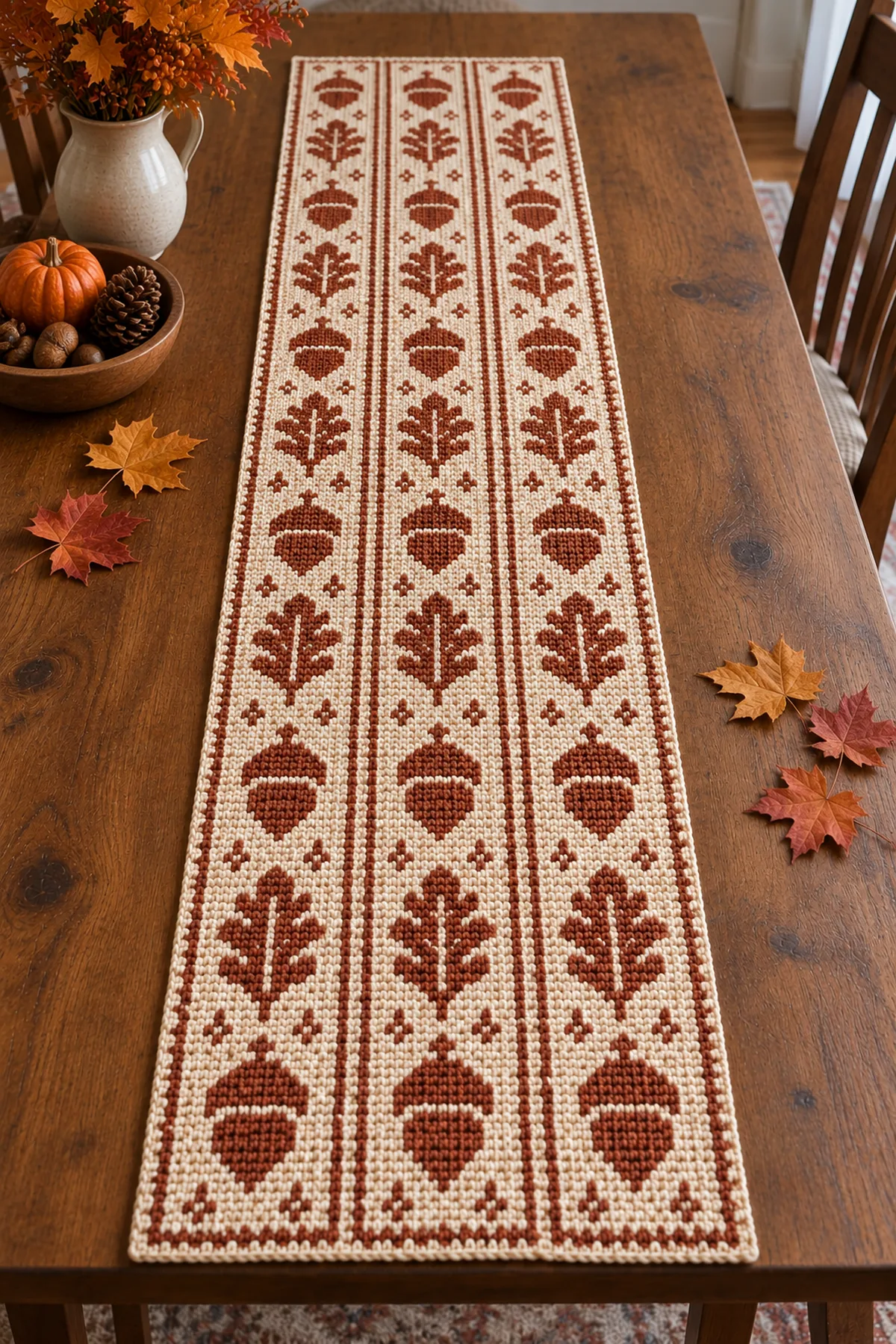 Finished 16 by 44 inch original acorn mosaic crochet table runner lying flat lengthwise on a clean wooden table with simple autumn leaves nearby