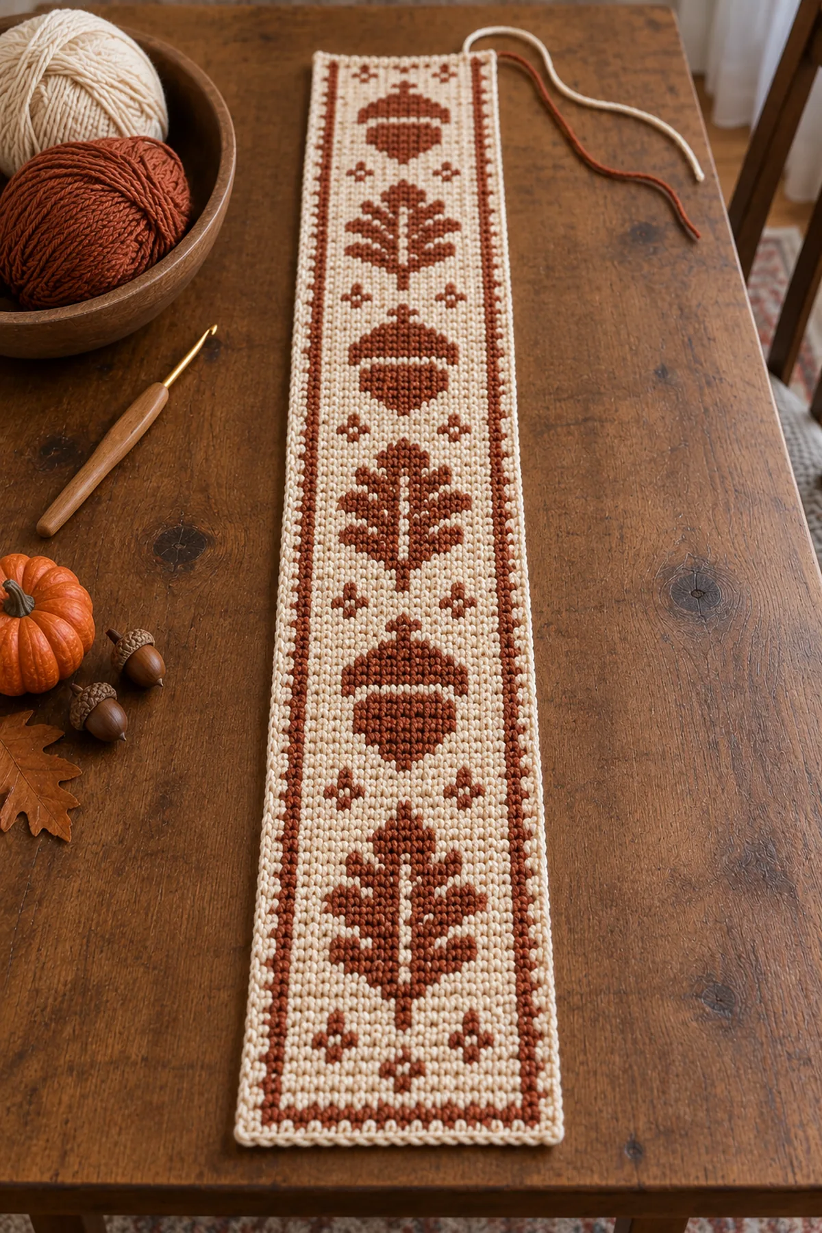 Single 24-stitch narrow mosaic panel with first acorn and leaf repeat visible, loose row-end tails and no joined panels