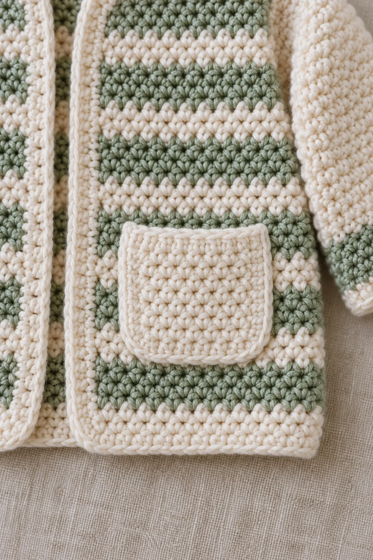 Macro view of a small cream crochet cardigan patch pocket sewn neatly along its two sides and bottom, top opening free; close visible moss sc-and-chain texture and narrow sage stripe, no buttons.