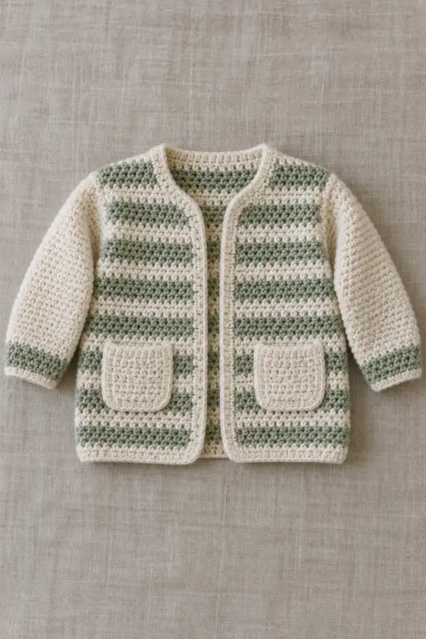 Finished original open-front baby cardigan, cream and sage narrow horizontal moss-stitch stripes, two small flat cream patch pockets on lower fronts, plain full sleeves with one sage cuff band, no buttons or hood, flat on natural linen, whole garment visible.