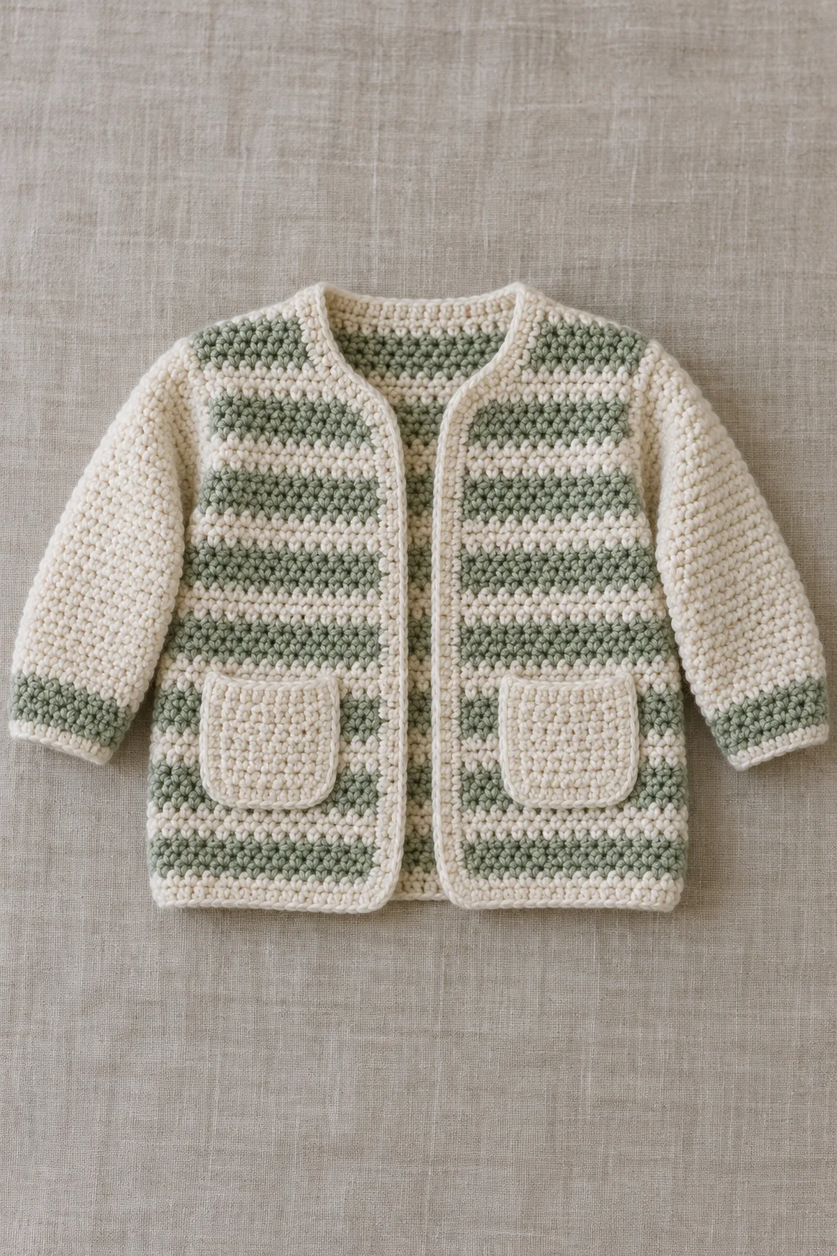 Finished original open-front baby cardigan, cream and sage narrow horizontal moss-stitch stripes, two small flat cream patch pockets on lower fronts, plain full sleeves with one sage cuff band, no buttons or hood, flat on natural linen, whole garment visible.